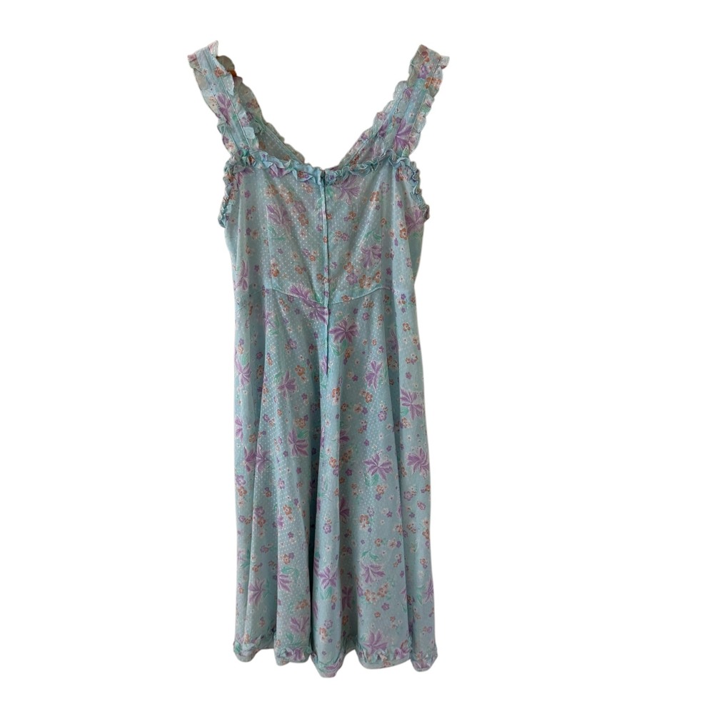 Vtg Floral Midi Dress Chemise M Blue Ruffle Trim Boho Cottage Prairie Festival